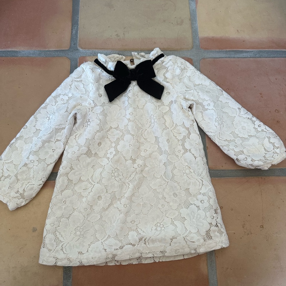 Janie and Jack Cream Lace Dress with Black Bow